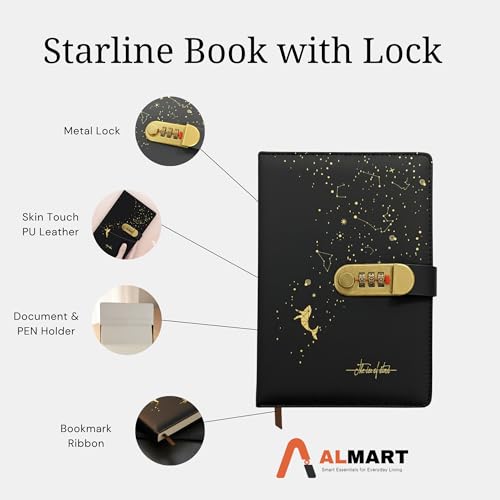 Image of Diary with Lock, A5 Personal Notebook with 3-Digit Combination Lock, PU Leather Journal for Women & Men | Secret Writing Notebook for Girls, Boys, Office & School and Gifts (22 X 15 CM) (Starline)