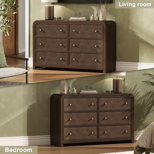 Image of Oak&Sparrow 6 Drawer Dresser for Bedroom, 49'' Rattan Dresser with Ample Storage, Boho Chest of Drawers, Thickened Curved Profile Design, Dark Walnut Dressers for Bedroom, Living Room