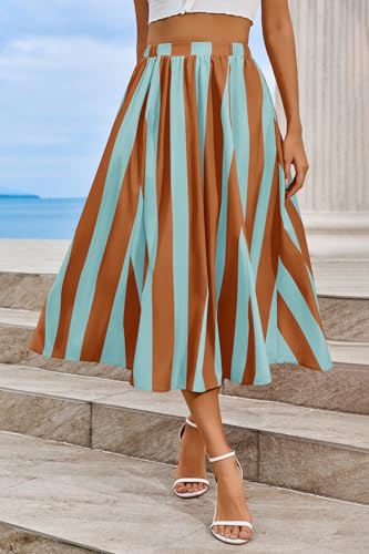 Image of Cicy Bell Womens Summer Striped Maxi Skirts A-Line Beach Vacation Outfits | Elastic Waist, Side Pockets, Flowy, Midi Length, Color Contrast, Trendy Casual