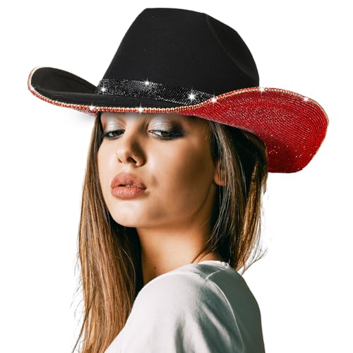 Image of Hercicy Rhinestone Cowboy Hat with Diamond Fringe CowHat for Cosplay Wedding circumference between 21.5 and 23.5 inches