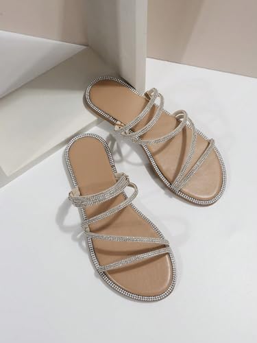 Image of GORGLITTER Women's Rhinestone Sparkly Metallic Strappy Flat Sandals Cute Toe Slip on Slide Sandals