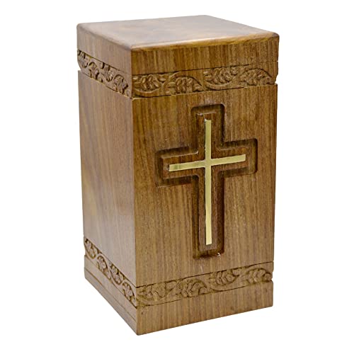 Nwa Wooden Adult Size Human Funeral Cremation Urn With Solid Brass Cross And Engraved Plaque #TOP7
