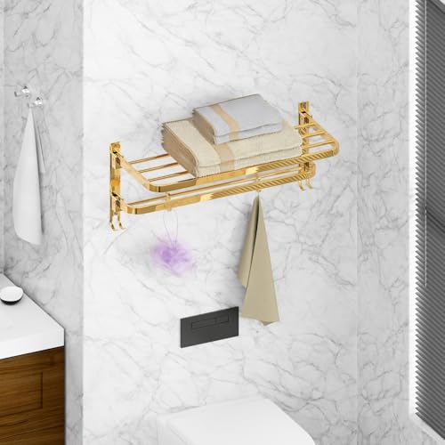 Image of Towel Rack for Bathroom, Shelf for Wall with Towel Hooks, Towel Rack, Kitchen Accessories Items Wall Mounted for Heavy-Duty Elegance(Gold, 24 Inch)