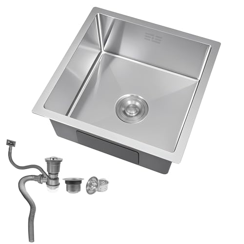 Fregadero de cocina de acero inoxidable 304, 38 x 38 cm, 1 lavabo, fregadero individual, con accesorios para lavar platos (plata)