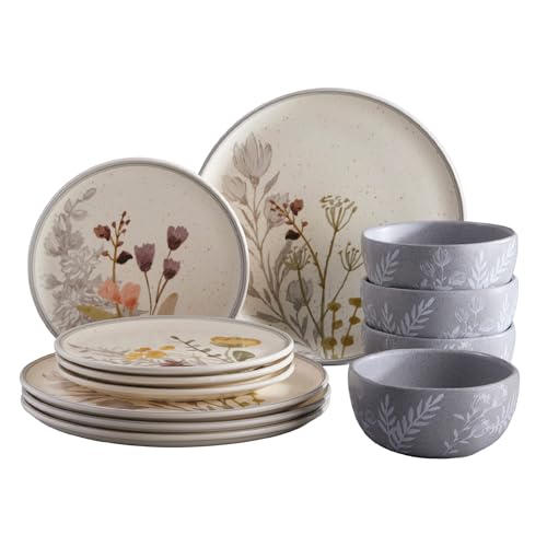 Corona Dinnerware Set 12– piece, Plates and Bowls Set, Ceramic Sets for 4, Microwave and Dishwasher Safe, Anastasia Floral Design