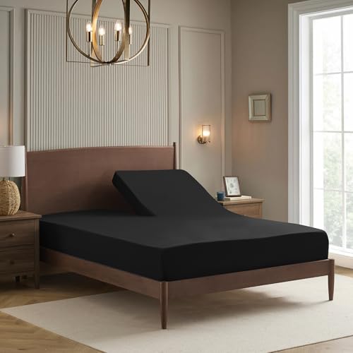Image of Split Head King Sheets Set for Adjustable Beds 4 Piece Flex Top Bed Sheets - Deep Pocket Split Top Fitted Sheet with Built-in Corner Straps, Luxury Soft Cooling Bedding, Wrinkle Resistant, Black