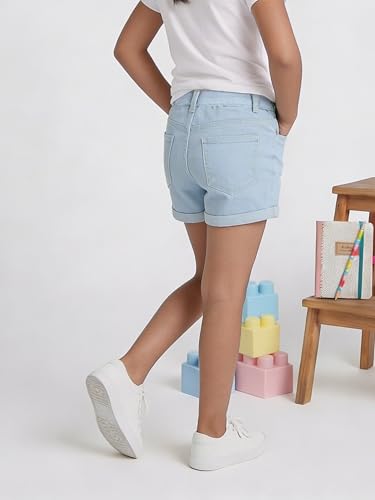 Image of KiddoPanti Girls Tight Length Rollup Denim Shorts with Lavender and Pink 3D Crochet Flowers