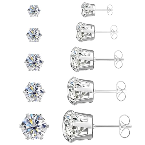 LuLiyLdJ 5 Paia Set di Orecchini in Argento, Orecchini a Bottone con Diamanti, Orecchini con Zirconi Cubici Quadrati Rotondi, Orecchini a Bottone Ipoallergenici per Donna Uomo 3, 4, 5, 6, 8 mm
