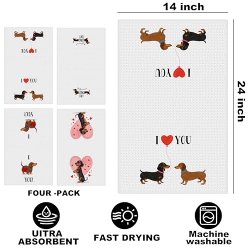 Image of 4 Pcs Dachshund Kitchen Towels 24x14 Inch, Dachshund Gifts Reusable Dish Towels for Kitchen Bathroom Decor, Waffle Weave I Love You Hand Cloth Tea Towel, Cute Dog Valentine's Gifts for Girlfriend Wife
