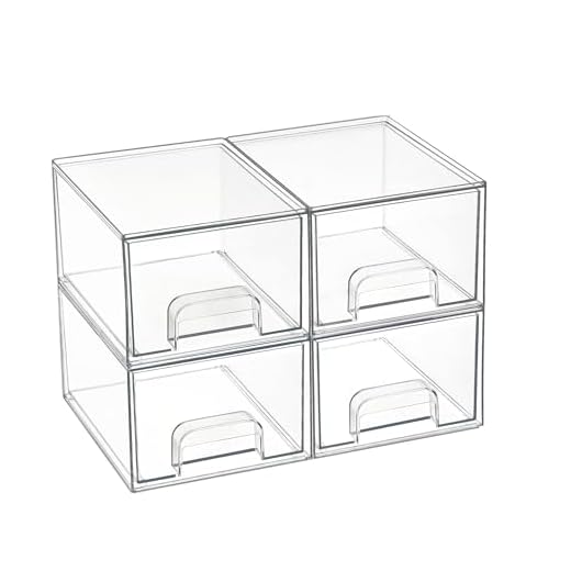 Vtopmart 4 Pack Stackable Storage Drawers, Acrylic Organiser with 32 Non-slip Mat, Acrylic Drawer Organiser for Dresser, Bathroom