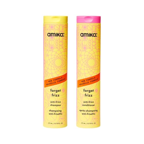 Amika forget frizz shampoo + conditioner bundle, 275ml | smoothing, humidity protection, up to 72 hour frizz control + lightweight hydration, for medium to thick coarse hair types 2a-4c