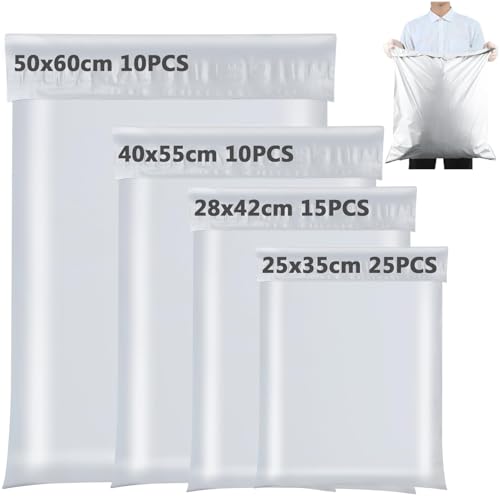 XRXYMQ 60 Stück Versandtaschen Selbstklebend Wasserdicht Blickdicht 4 Größen (25x35 28x42 40x55 50x60 cm) aus Polyethylen für Kleidung Textilien Warensendung Weiß