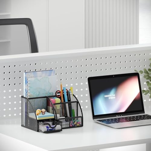 Image of 7 Compartment Metal Desk Organizer with Drawer for Office Table, Study Desk & Makeup Storage | Multi-Purpose Stationery Holder (Black)