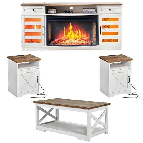 AMERLIFE Farmhouse Living Room Table Set of 4, Include 70' Fireplace TV Stand with 36' Curved Electric...