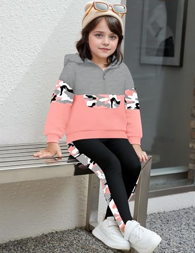 Toddler Girl Clothes Camo 2 Piece Little Girls Clothes Half Zip Up Hoodies Color Block Outfits Sweatshirt Pant Sets