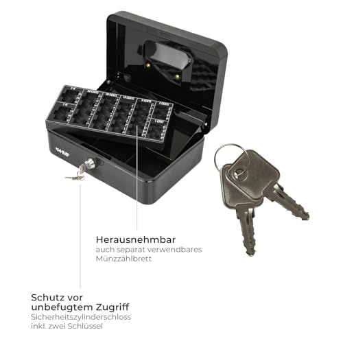 HMF 10022-02 Geldkassette abschließbar mit Münzzählbrett | 25 x 18 x 9 cm | Schwarz