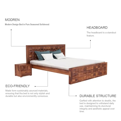 Image of Sheesham Wood King Size Bed Without Storage | Wooden Bed King Size Double Cot Palang Bed for Bedroom | Diamond Design Headboard Bed for Living Room | Honey Finish