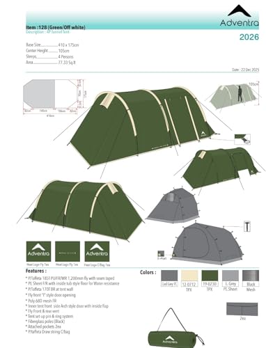 Image of 4 Person Camping Tent | Waterproof 1200mm | Ventilation Windows |Portable | ET1104 | Green