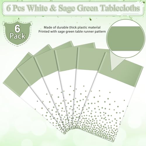 Image of 6Pcs White and Sage Green Tablecloth Decorations,Plastic White Table Cloth Printed Green Table Runner Disposable Rectangle Table Cover for Birthday Wedding Anniversary Graduation Party,54 x108 Inch
