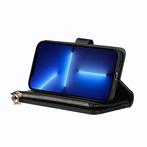 Cavor for iPhone 13 Pro Crossbody Wallet Case with Card Slots,PU Leather Magnetic Closure Zipper Pocket Case Kickstand Feature TPU Shockproof Flip Cover,Black by Cavor - Image 5