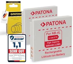 PATONA 2X NB-4L Akku 600mAh Ersatzakku kompatibel mit Canon Digital Ixus 30 40 50 70 75 100 110 115 130 is 220 HS 265 PowerShot SD 30 200 400 450 750 ELPH 100 300 310 330 HS LEGRIA Mini VIXIA NB4L