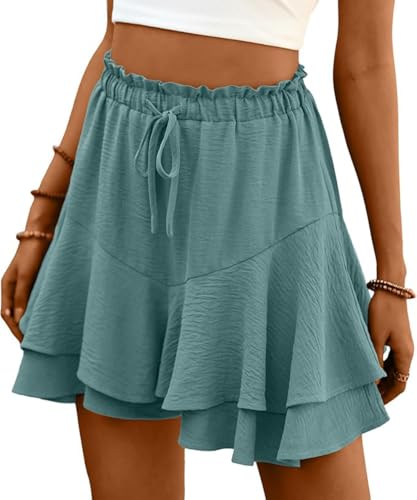 ABINGOO Shorts Damen Sommer Rüschen Freizeit Einfarbig Hosenrock Leicht Und Luftig Minirock Elastische Hoher Taille Kurz Strand-Hosen Mit Kordelzug(Grün,L)