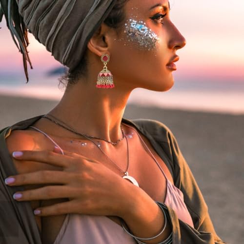 ANATTASOUL 6 Pairs Jhumkas Indian Earrings Vintage Indian Earrings for Women Boho Gold Plated Multicolor Bell Faux Pearl Tassel Dangle Drop Gypsy Bollywood Statement Earring Fashion Jewelry4