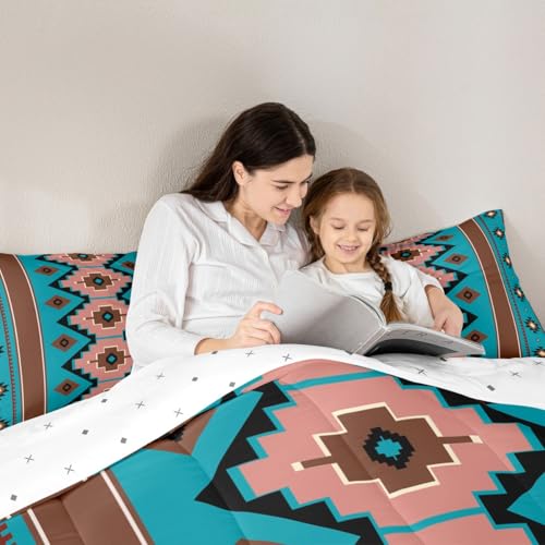 Image of Feelyou Boho Aztec Kids Comforter Set Full Size West Bedding Set Teel Brown Duvet Quilt for Kids Boys Girls Bedroom Western Decor Microfiber Ultra Soft Breathable