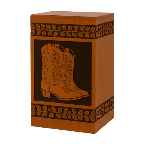 Wooden Cremation Urns for Human Ashes – Hand-Engraved Funeral Urn for Adult Men & Women – Decorative Burial Urn for Loved Ones (Cowboy Boots Engraving, (Small - 8' Hx4.75 W (115 Cu/in))
