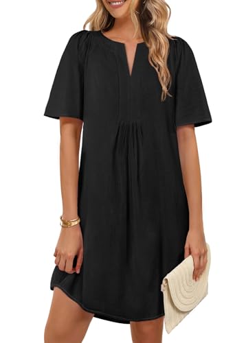 MEROKEETY Women's Summer Casual Shift Dresses Beach Vacation Short Sleeve V Neck Spring Mini Dress, Black, X-Large