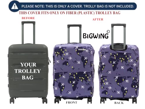 Image of BIGWING Protective Cover in Polyester Fabric with Map Print for | 20 inch 55 cm Small Size | Hard Luggage Trolley Bag Cover (Fits Only On Fiber - Plastic Trolley Bag) Purple Color