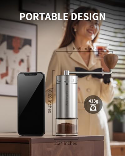 Image of CIRCLE JOY Manual Coffee Grinder with 40 External Adjustable Settings, Stainless Steel Burr Coffee Bean Grinder, Portable Hand Coffee Grinder for Home and Travel, Silver