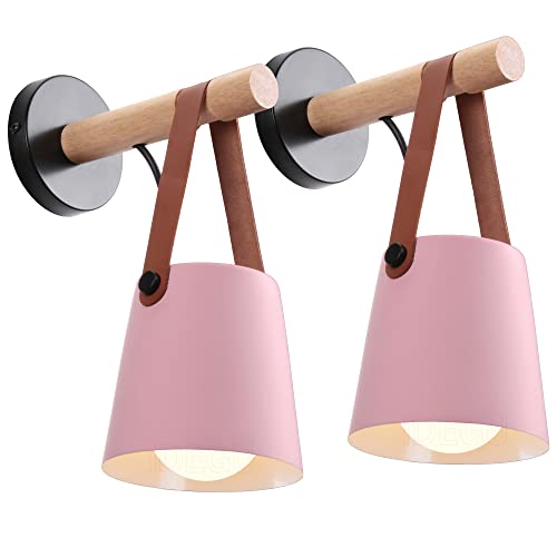 iDEGU 2 Piezas Lámparas de Pared Retro Aplique de Pared Interior en Madera y Metal Iluminación E27 Moderno Luz de Pared Colgante para dormitorio pasillo Sala de Estar (Rosa)