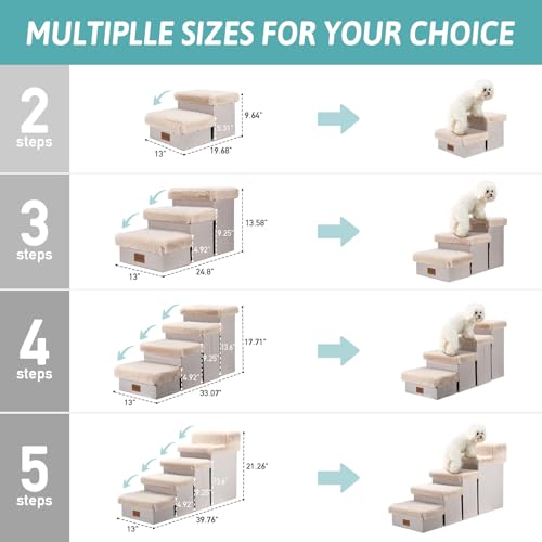 COZY KISS Dog Stair for Small Dogs with Storage, 17.7\" H Foldable Pet Step with Soft Leakproof Cover, Older Cat Ramp for Couch Sofa Bed, Lightweight, Comfort, 33x13x17.7 inch, 4 Tiers, Beige
