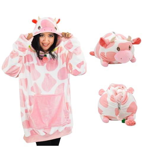 Image of Wearable Blanket Hoodie for Adults - Oversized Plush Hoodie with Sleeves & Pocket, 2-in-1 Comfy Blanket Pillow, Strawberry Cow