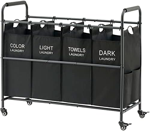 Tajsoon 4 Bag Laundry Sorter Cart, Laundry Hamper Sorter Basket with Heavy Duty Lockable Rolling Wheels for Clothes Storage,Black