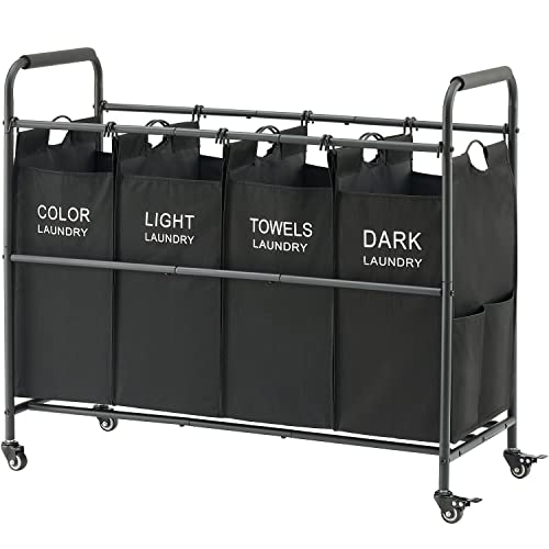 Tajsoon 4 Bag Laundry Sorter Cart, Laundry Hamper Sorter Basket with
