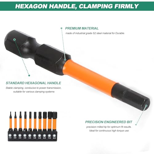 Hex Allen Key Drill Bit Set, 10 Pcs Impact Screwdriver Driver Bits S2 Steel 50mm Length Magnetic Allen Wrench H1.5-H8 - Image 3