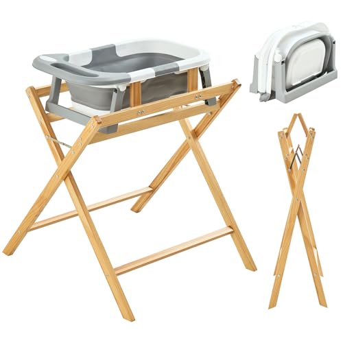 FUNLIO Baby Bathtub with Stand, Collapsible Baby Bathtub & Foldable Wooden Stand for 0-24 Months, Secure 8-Point Support, Waterproof Baby Bath Set, 110lbs Capacity — Ergonomic Back Friendly