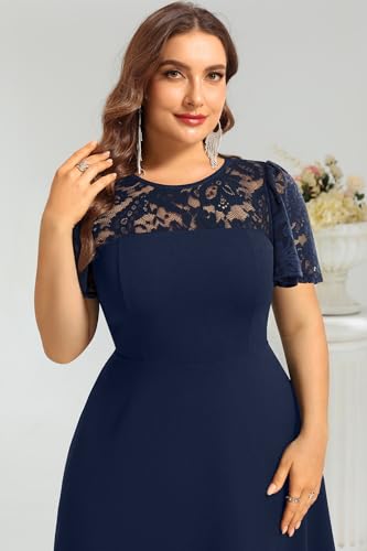 Image of Plus Size Cocktail Dress - Lace Wedding Guest Party Crew Neck Short A Line Dresses Women