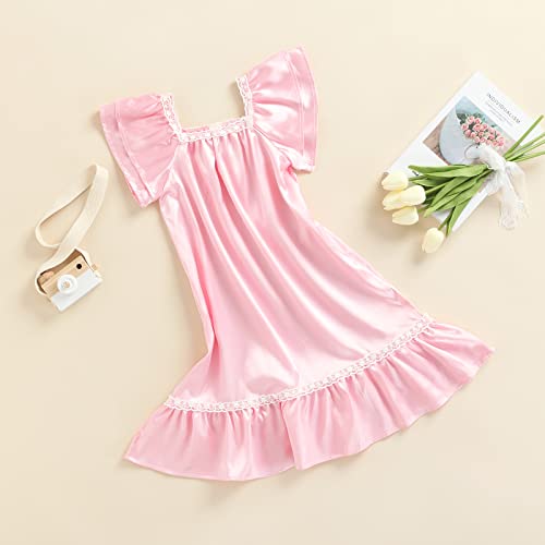 Baby Girls Silk Nightgowns Pajamas Dresses Short Sleeve Square Neck Ruffled Satin Princess Nightdress Girls Sleepwear3