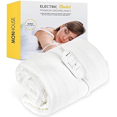 MONHOUSE Premium Soft Fleece Electric Blanket - Heated Under Blanket - Heated Mattress Cover - Detachable Controller & Machine Washable - 3 Heat Settings - King Size 137x165cm - White Cover