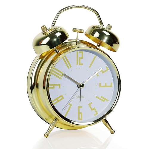 Image of AYRELY Super Loud Alarm Clock for Heavy Sleepers Adults,Twin Bell Retro 4 Inch Silent Non-Ticking Quartz with Backlight, Metal dial, Alarm Clocks for Bedrooms Bedside (Gold-White)
