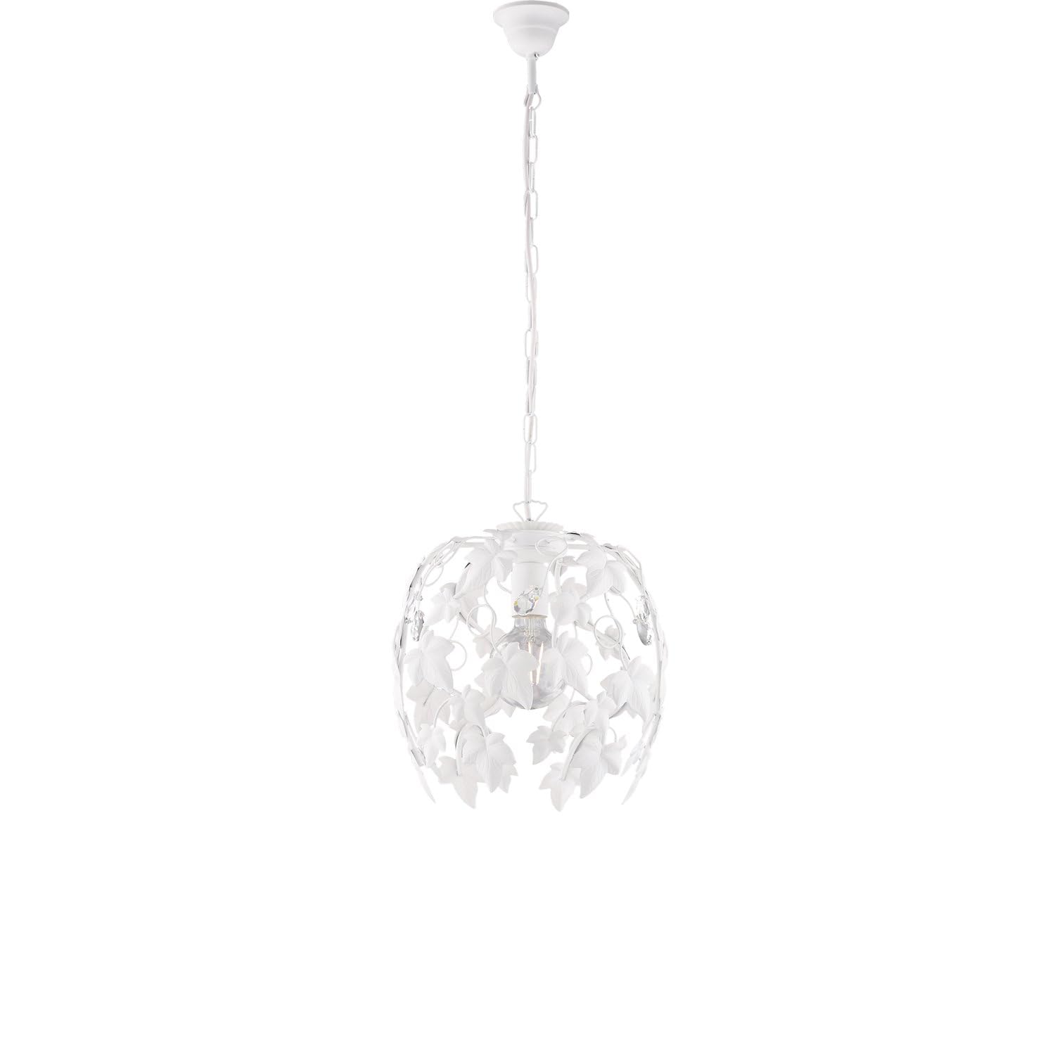 Lampadario Shabby 1 Luce Ferro Battuto Bianco Con Foglie E Cristalli
