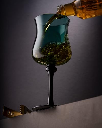 Image of CAR-O-BAR Ebony Wine Glass | Handcrafted Premium Glasses | Set of 2 | 240ml Crystal Thick Cut Heavy Base Crystal Glass | Perfect for Red and White Wine (Green with Black Stem)