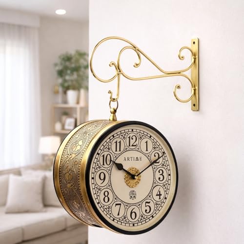Image of Handcrafted Double Side Metal Analog Vintage Wall Clock | 1.5 Year Machine Warranty | 10 INCHES | 1 Side Number 1 Side Roman,Color Golden