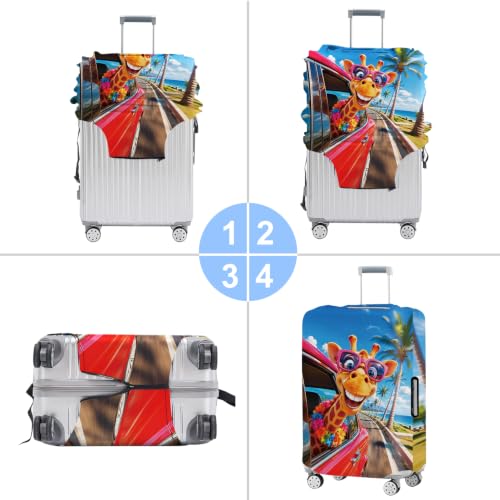 Image of Funny Giraffe Road Trip Luggage Cover Protective Suitcase Protector, Summer Beach Palm Tree Elastic Washable Travel Baggage Cover Fits 28-30 Inch Suitcase, Cool Animal Wearing Sunglasses Design,L