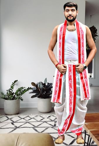 Image of Men's Ethnic | Traditional Ready to wear (Pant System) Readymade Panchakacham Dhoti With Angavastram(Towel) Set, Tassar Silk, Free Size (GC002)
