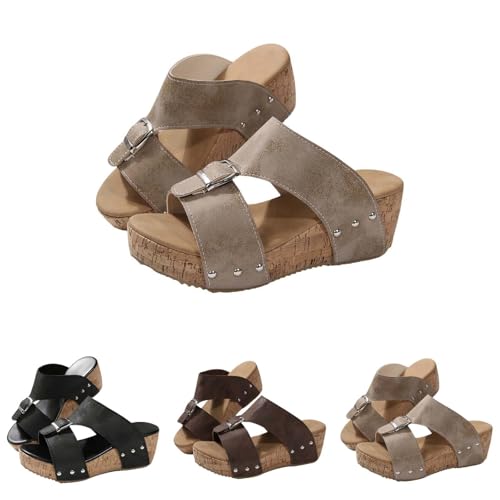 Pantuflas de playa con tacón inclinado para mujer, con hebilla ajustable, ajuste ancho, cómodas, puntera abierta, zapatos de cuña con parte inferior gruesa con soporte de arco, Khaki, 40 EU