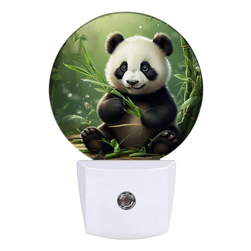 Image of Cute Panda Night Light Animals Night Lights LED Lamp Round Plug into Wall Nightlight with Dusk to Dawn Sensor Home Hallway Stairway Kitchen Decor